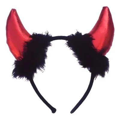 VINCHA DIABLO TELA ROJA CON PELUCHE NEGRO X10