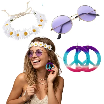 SET DISFRAZ HIPPIE CORONA, ANTEOJOS, AROS