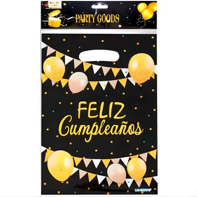 BOLSAS PLASTICAS FELIZ CUMPLEAÑOS NEGRAS 10 UNIDADES