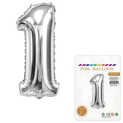 Globo Inflable Metalizado Plateado Numero 1 16 Pulgadas/40 Cm X10 Unidades