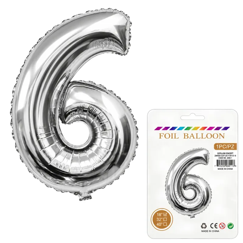 Globo Inflable Metalizado Plateado Numero 6 16 Pulgadas/40 Cm X10 Unidades