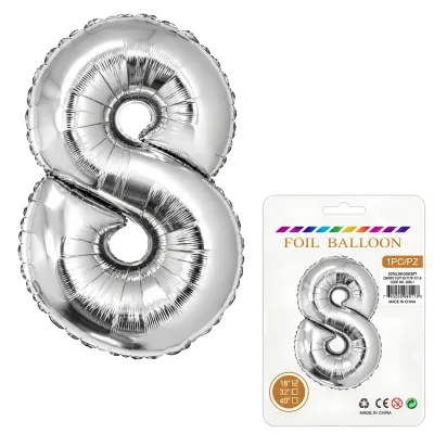 Globo Inflable Metalizado Plateado Numero 8 16 Pulgadas/40 Cm X10 Unidades