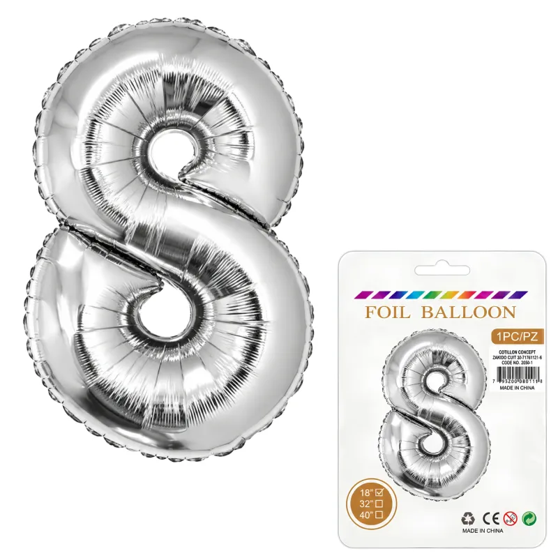 Globo Inflable Metalizado Plateado Numero 8 16 Pulgadas/40 Cm X10 Unidades
