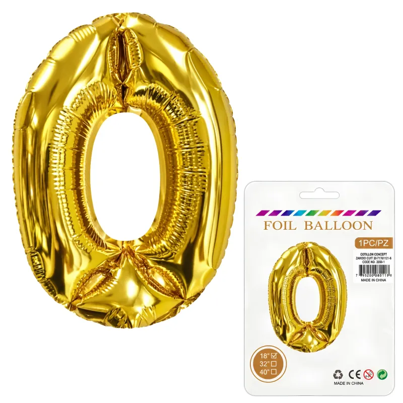 Globo Inflable Metalizado Dorado Numero 0 16 Pulgadas/40 Cm X10 Unidades