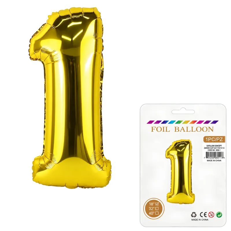 Globo Inflable Metalizado Dorado Numero 1 16 Pulgadas/40 Cm X10 Unidades