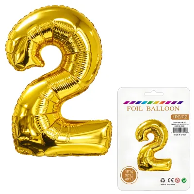 Globo Inflable Metalizado Dorado Numero 2 16 Pulgadas/40 Cm X10 Unidades