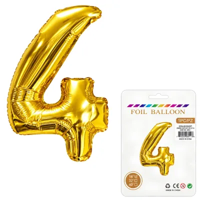 Globo Inflable Metalizado Dorado Numero 4 16 Pulgadas/40 Cm X10 Unidades