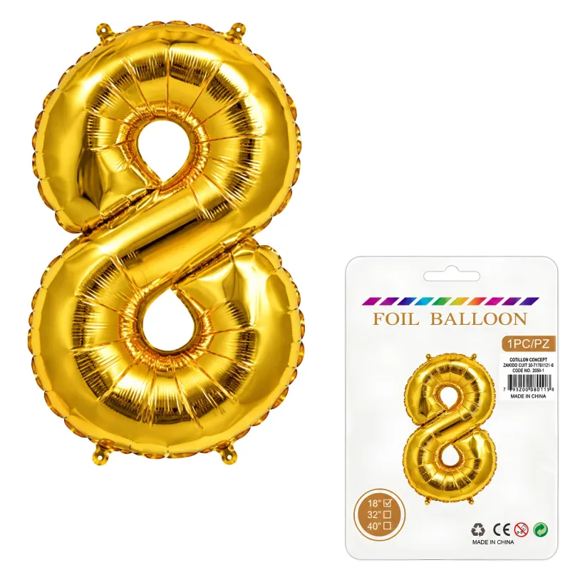 Globo Inflable Metalizado Dorado Numero 8 16 Pulgadas/40 Cm X10 Unidades