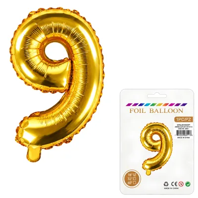 Globo Inflable Metalizado Dorado Numero 9 16 Pulgadas/40 Cm X10 Unidades