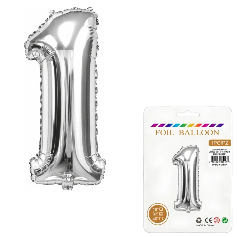 Globo Inflable Metalizado Plateado Numero 1 32 Pulgadas/80 Cm X10 Unidades