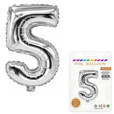 Globo Inflable Metalizado Plateado Numero 5 32 Pulgadas/80 Cm X10 Unidades