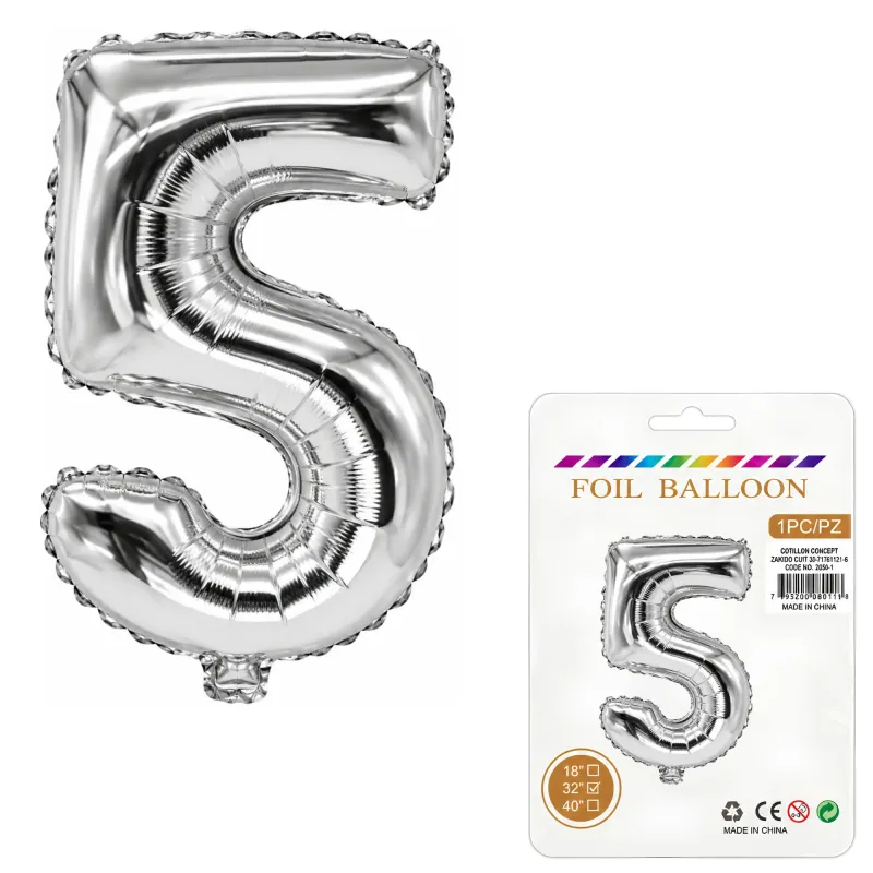 Globo Inflable Metalizado Plateado Numero 5 32 Pulgadas/80 Cm X10 Unidades