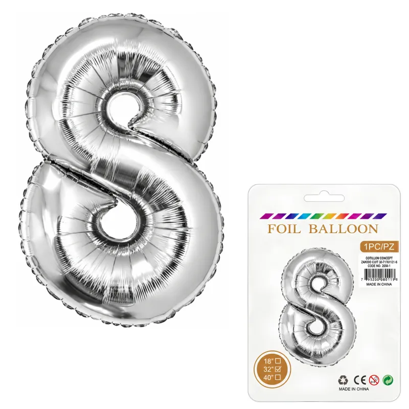 Globo Inflable Metalizado Plateado Numero 8 32 Pulgadas/80 Cm X10 Unidades