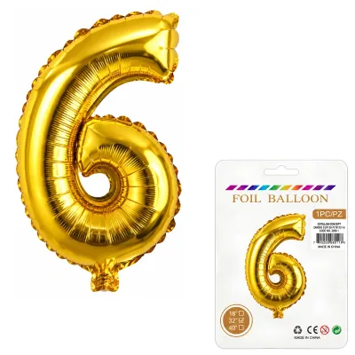 Globo Inflable Metalizado Dorado Numero 6 32 Pulgadas/80 Cm X10 Unidades