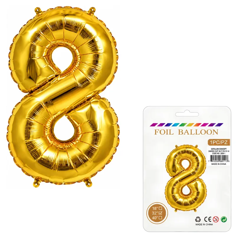 Globo Inflable Metalizado Dorado Numero 8 32 Pulgadas/80 Cm X10 Unidades