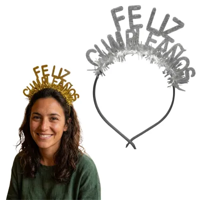 VINCHA FELIZ CUMPLEAÑOS PLATEADA X12