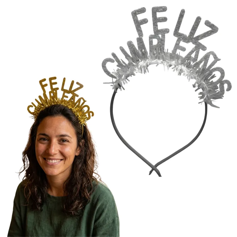 VINCHA FELIZ CUMPLEAÑOS PLATEADA X12