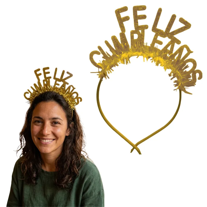 VINCHA FELIZ CUMPLEAÑOS DORADA X12