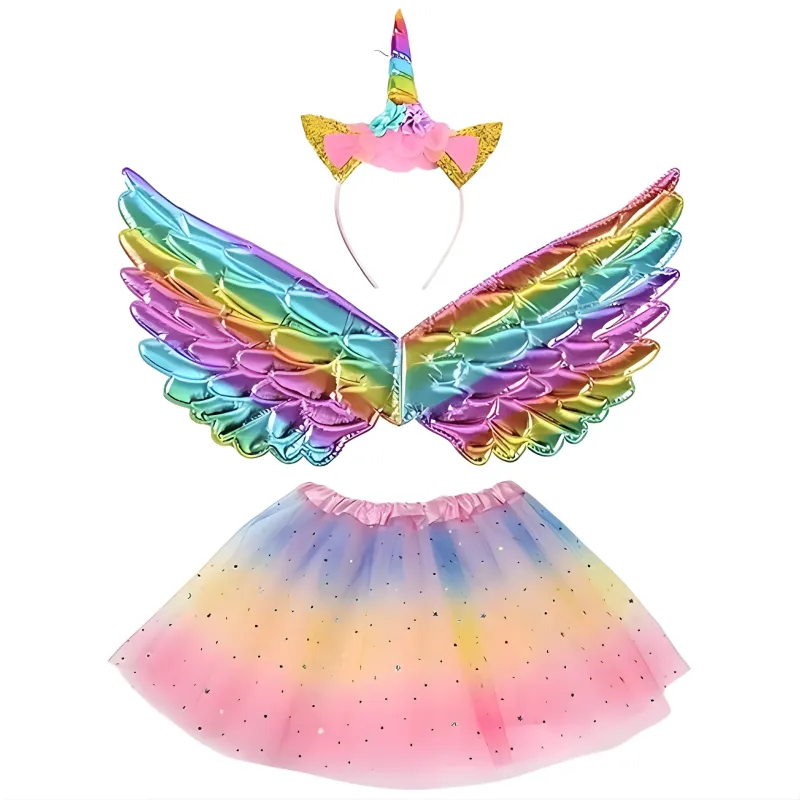 SET UNICORNIO POLLERA, ALAS Y VINCHA MULTICOLOR