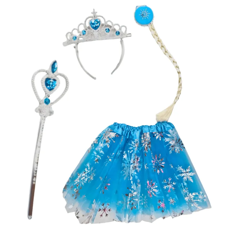 SET PRINCESA ELSA POLLERA, CORONA, VARITA Y TRENZA