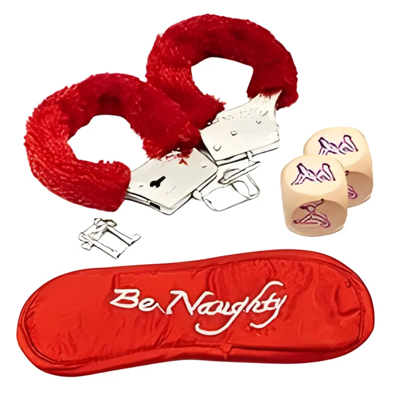 SET EROTICO ROJO CON ESPOSAS PELUCHE, ANTIFAZ Y DADOS