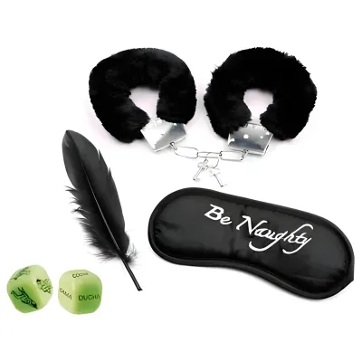 SET EROTICO NEGRO CON ESPOSAS PELUCHE, ANTIFAZ Y LATIGO