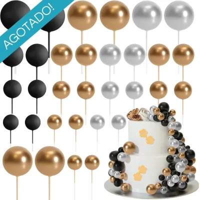 *Preventa* Set Cake Topper Bolitas X24 Unidades Negro, Dorado Y Plateado