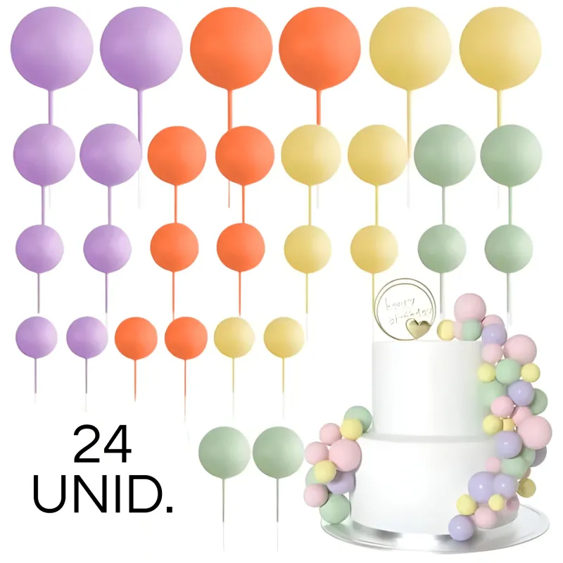 SET CAKE TOPPER BOLITAS X24 UNIDADES LILA, ROSA, AMARILLO Y VERDE