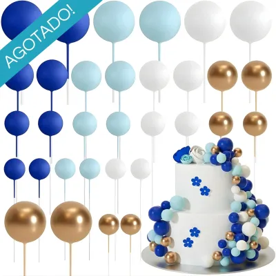 *Preventa* Set Cake Topper Bolitas X24 Unidades Azul, Celeste, Blanco Y Dorado