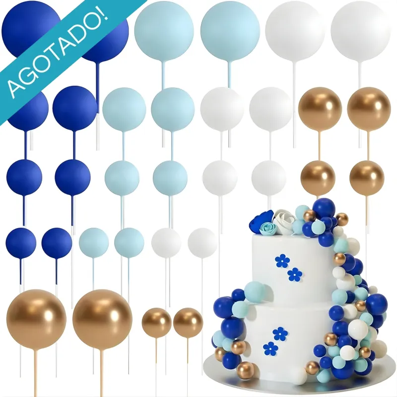 Set Cake Topper Bolitas X24 Unidades Azul, Celeste, Blanco Y Dorado
