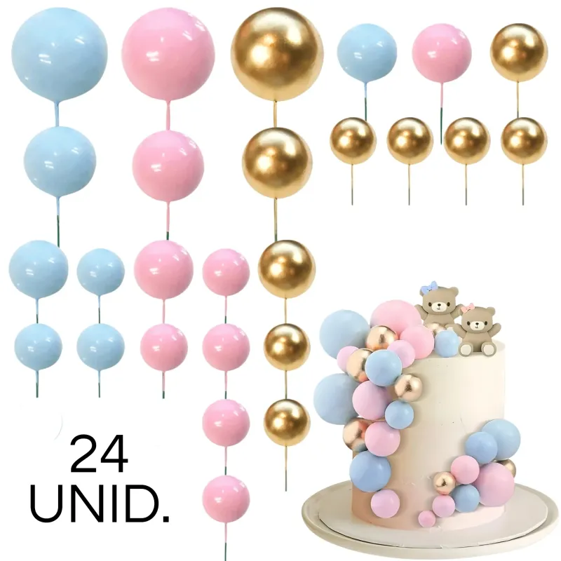 SET CAKE TOPPER BOLITAS X24 UNIDADES ROSA, CELESTE Y DORADO