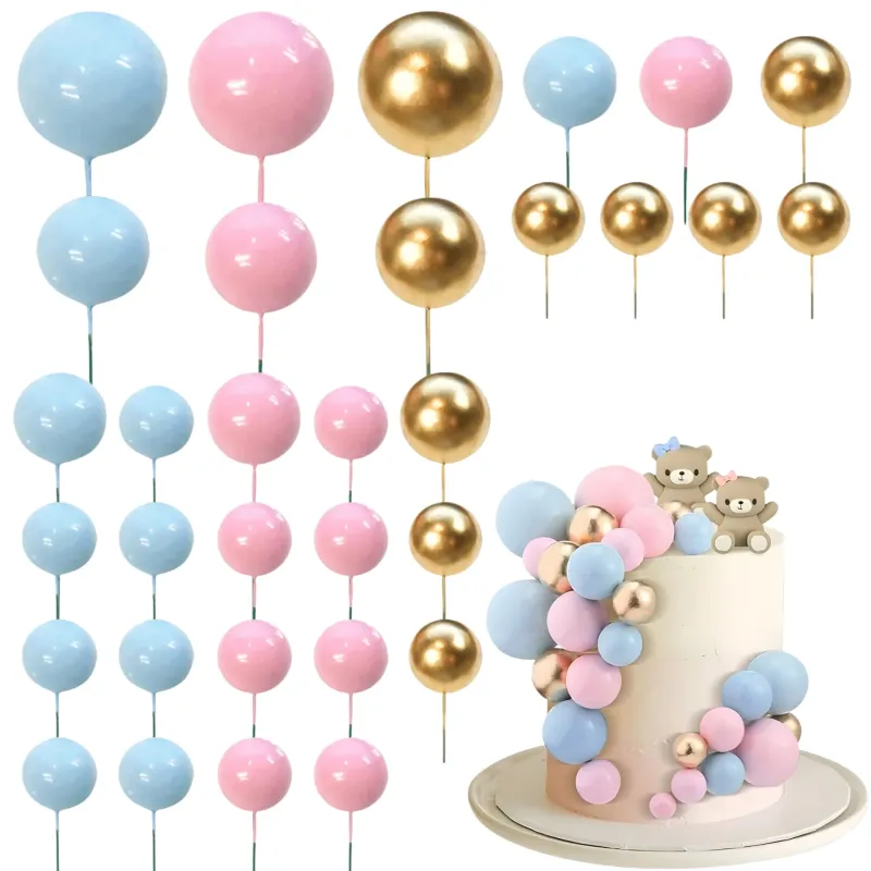 SET CAKE TOPPER BOLITAS X24 UNIDADES ROSA, CELESTE Y DORADO