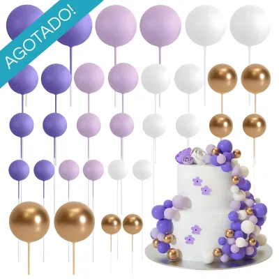 *Preventa* Set Cake Topper Bolitas X24 Unidades Violeta, Lila, Blanco Y Dorado