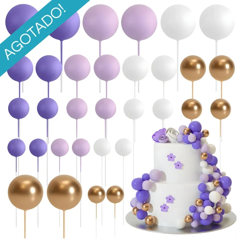 Set Cake Topper Bolitas X24 Unidades Violeta, Lila, Blanco Y Dorado