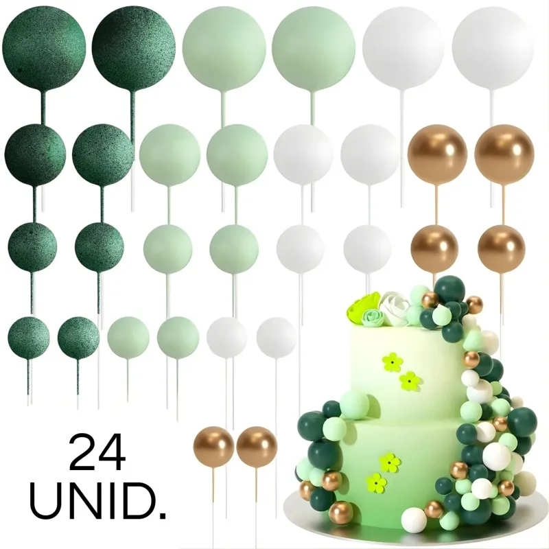 SET CAKE TOPPER BOLITAS X24 UNIDADES VERDE OSCURO, VERDE CLARO, BLANCO Y DORADO